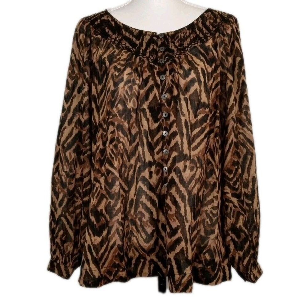 BeachLunchLounge 100% Cotton XL Boho Peasant Blouse Button Up Gauzy Tribal Brown